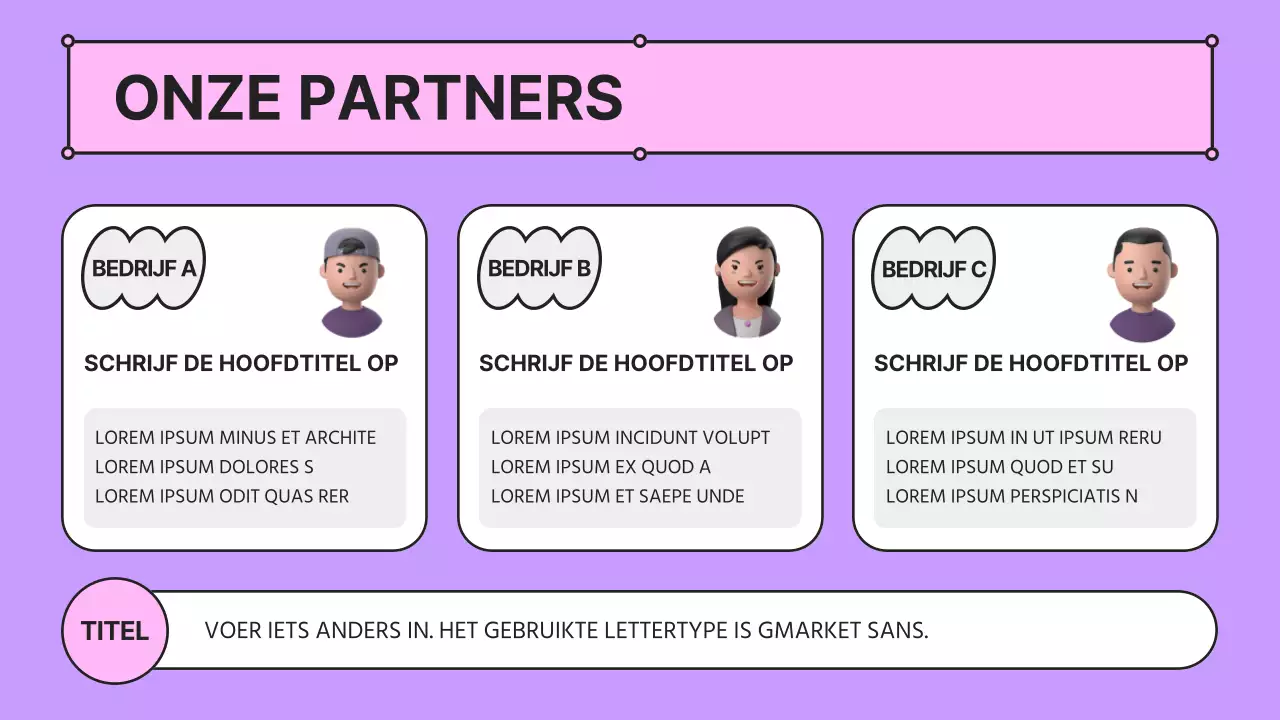 Een kitscherig roze en mauve bedrijfspraatje met een bedrijfsprofiel