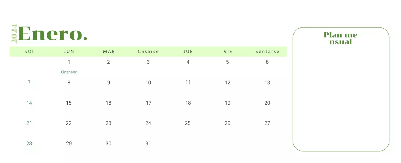 Calendario con ilustraciones juveniles sobre fondo amarillo y verde