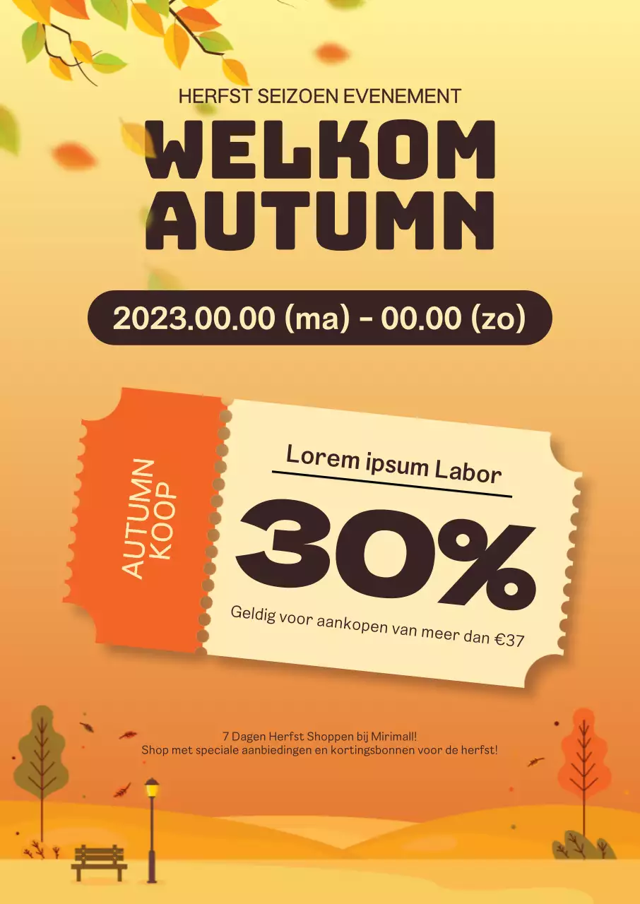 Kortingen op winkelen in de herfst met emotionele illustraties van herfstlandschappen bij zonsondergang en couponpictogrammen.
