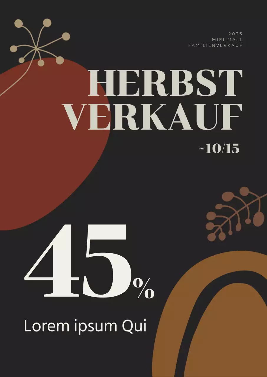 Herbstwerbung mit einem Rabatt mit braunen herbstlichen grafischen Elementen auf schwarzem Hintergrund