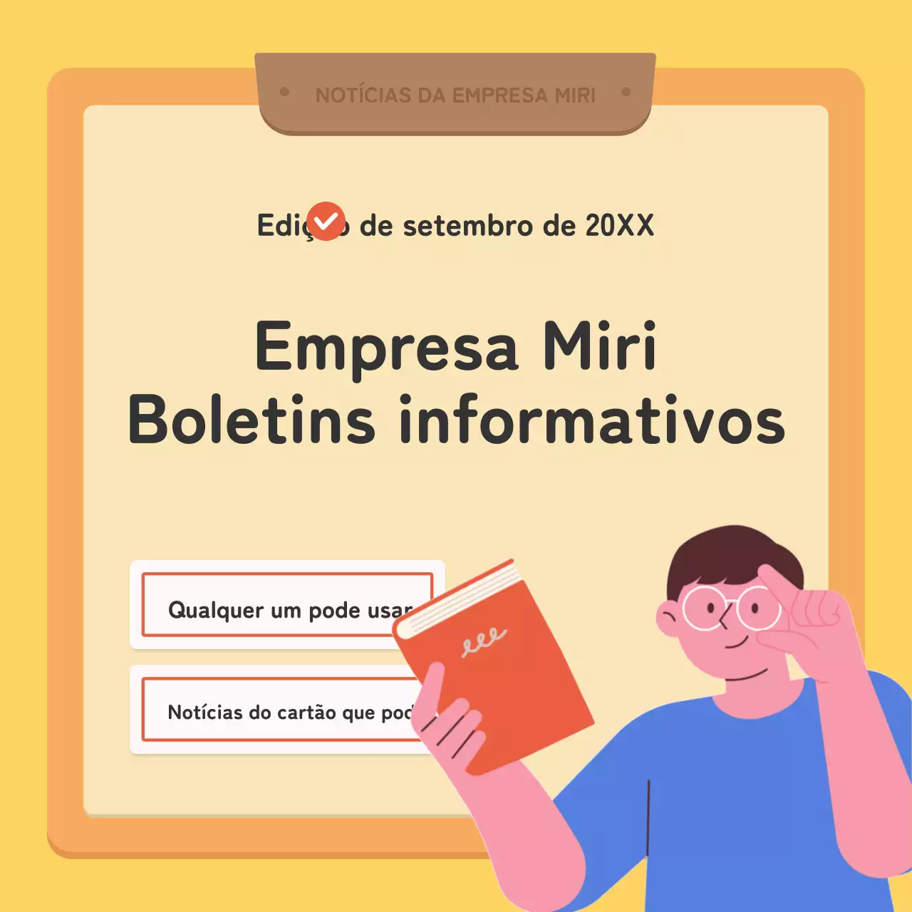 Uma publicação de boletim informativo da empresa com um toque kitsch, em vermelho e amarelo