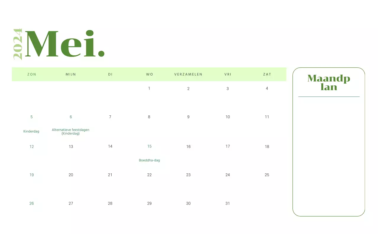 Kalender met jeugdillustraties op een gele en groene achtergrond