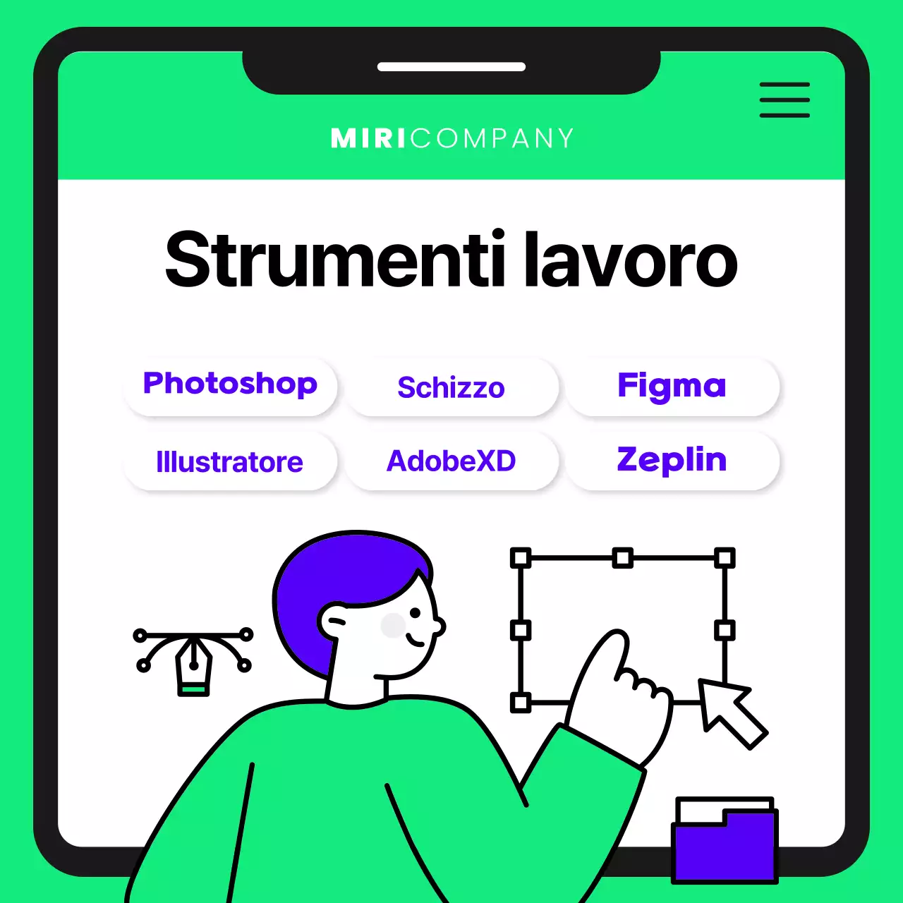 Assunzione di un designer carino in viola e chartreuse