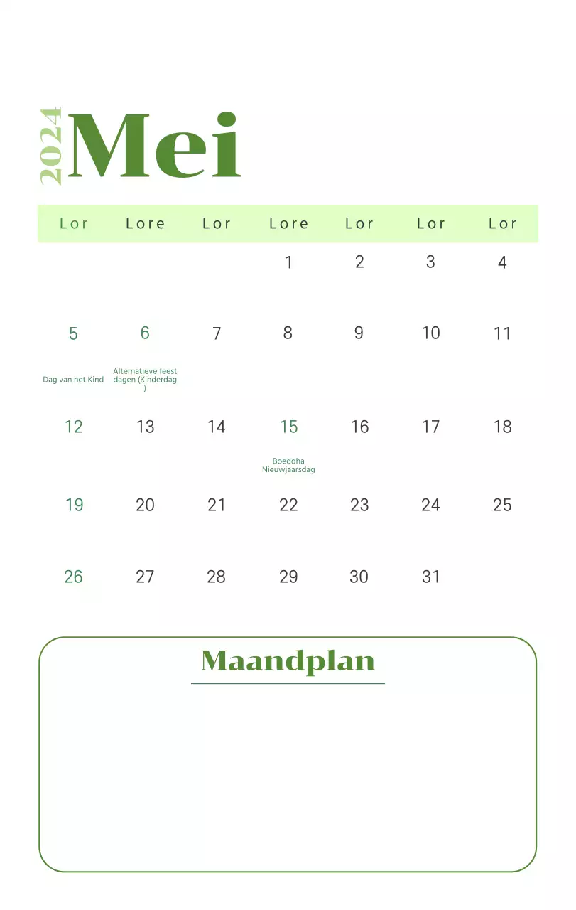 Kalender met jeugdillustraties op een gele en groene achtergrond