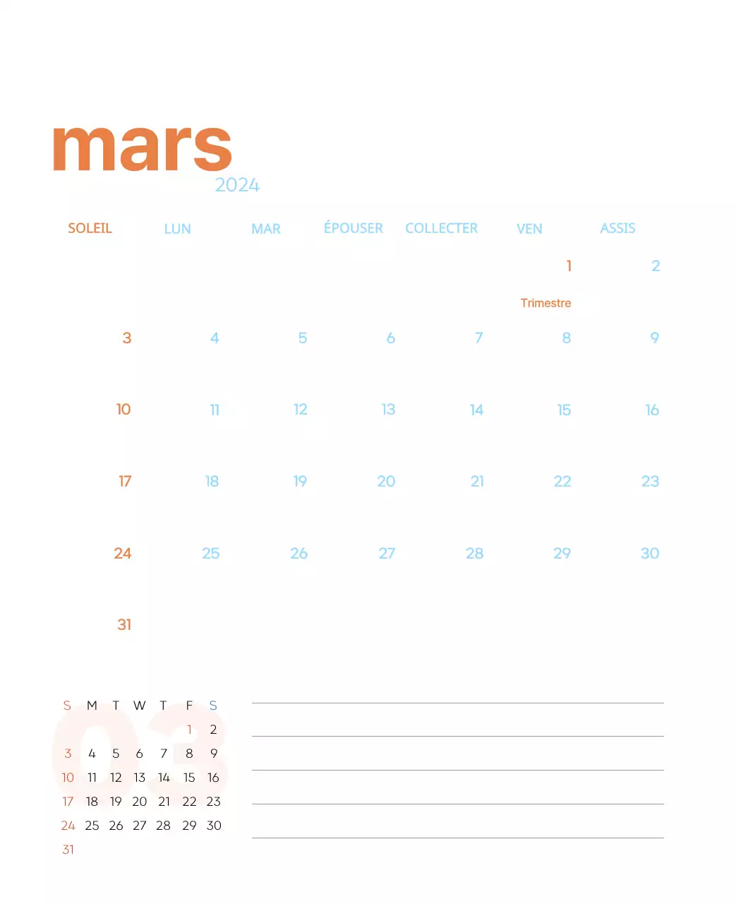 Calendrier de travail avec de belles illustrations