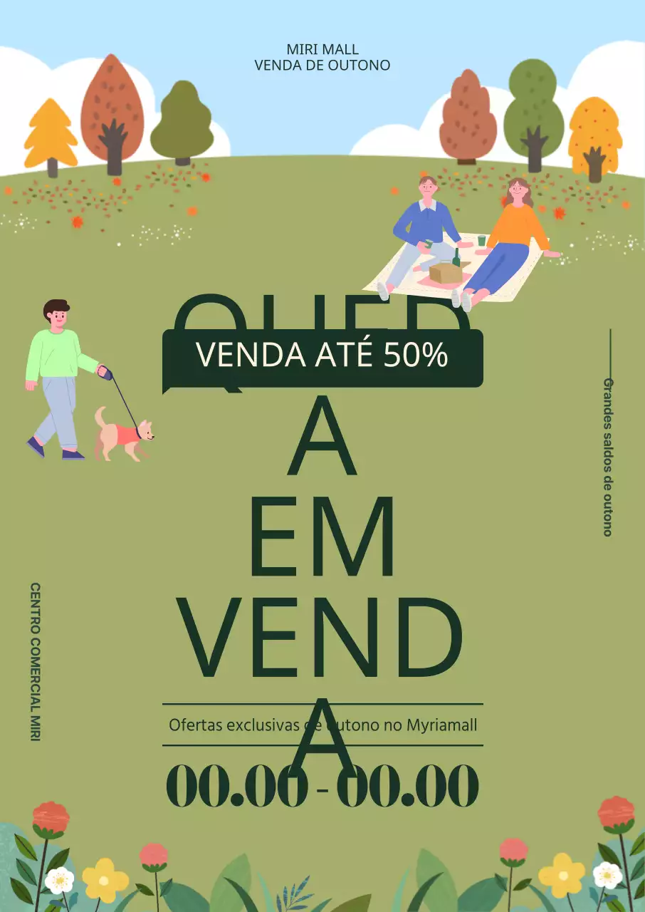 Descontos nas compras de outono realçados por ilustrações de pessoas a fazer piqueniques em campos de flores outonais.