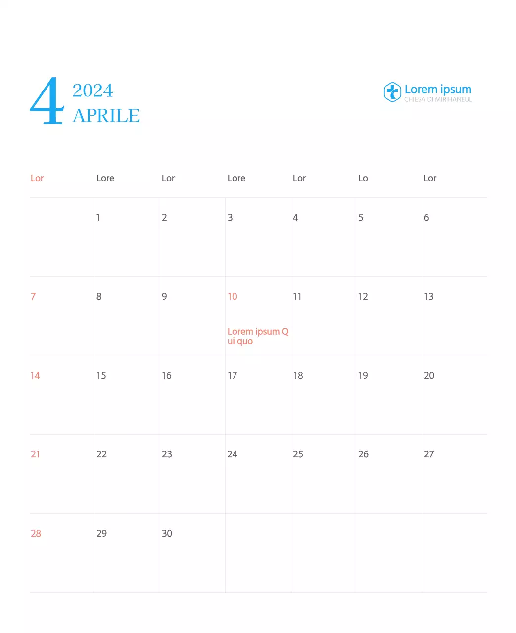 Calendario ecclesiastico blu di concezione moderna