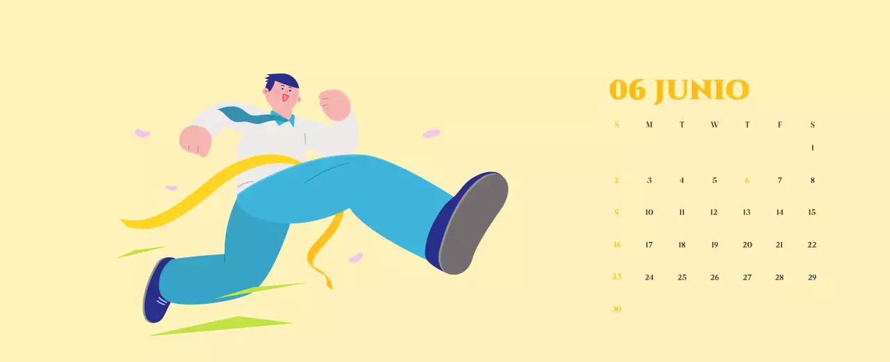 Calendario con ilustraciones juveniles sobre fondo amarillo y verde