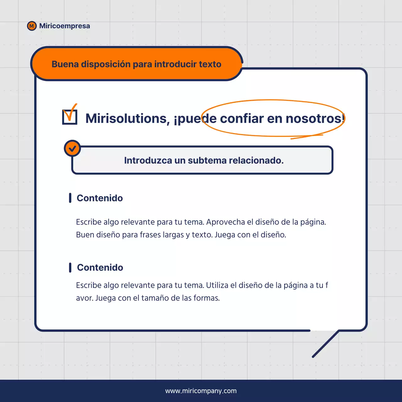 Propuesta minimalista de discurso empresarial en naranja y azul marino
