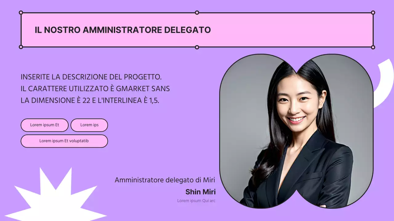 Una presentazione aziendale kitsch di colore rosa e malva con un profilo aziendale