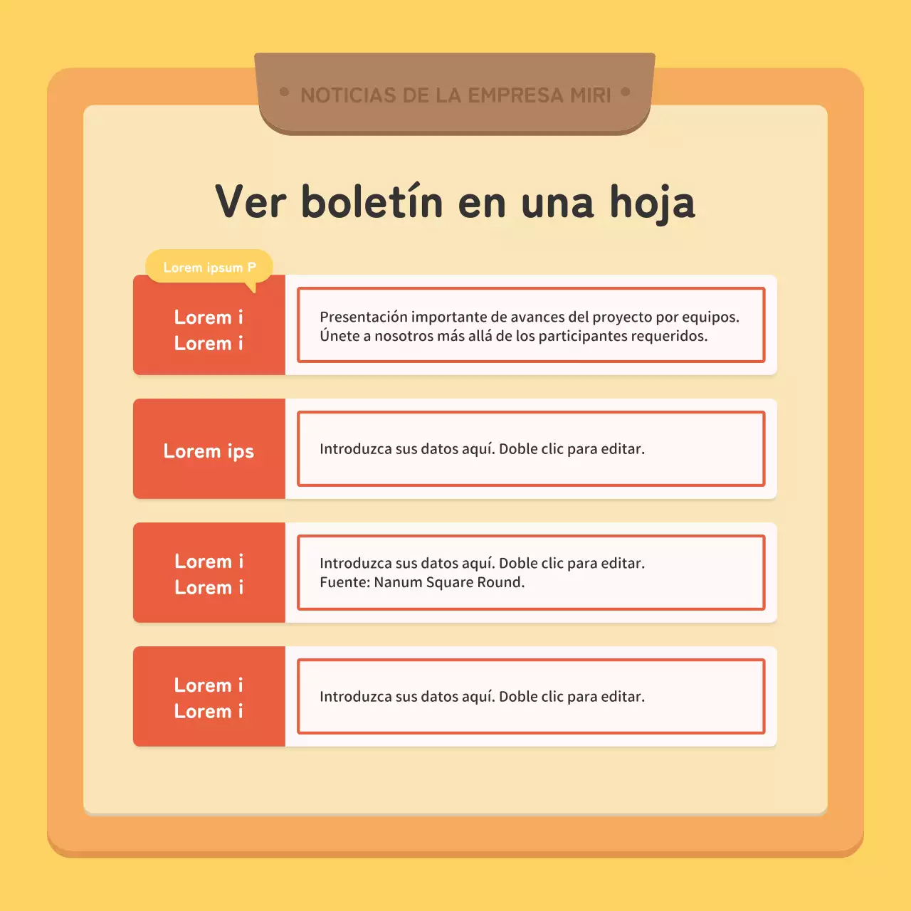 Un boletín corporativo kitsch en rojo y amarillo