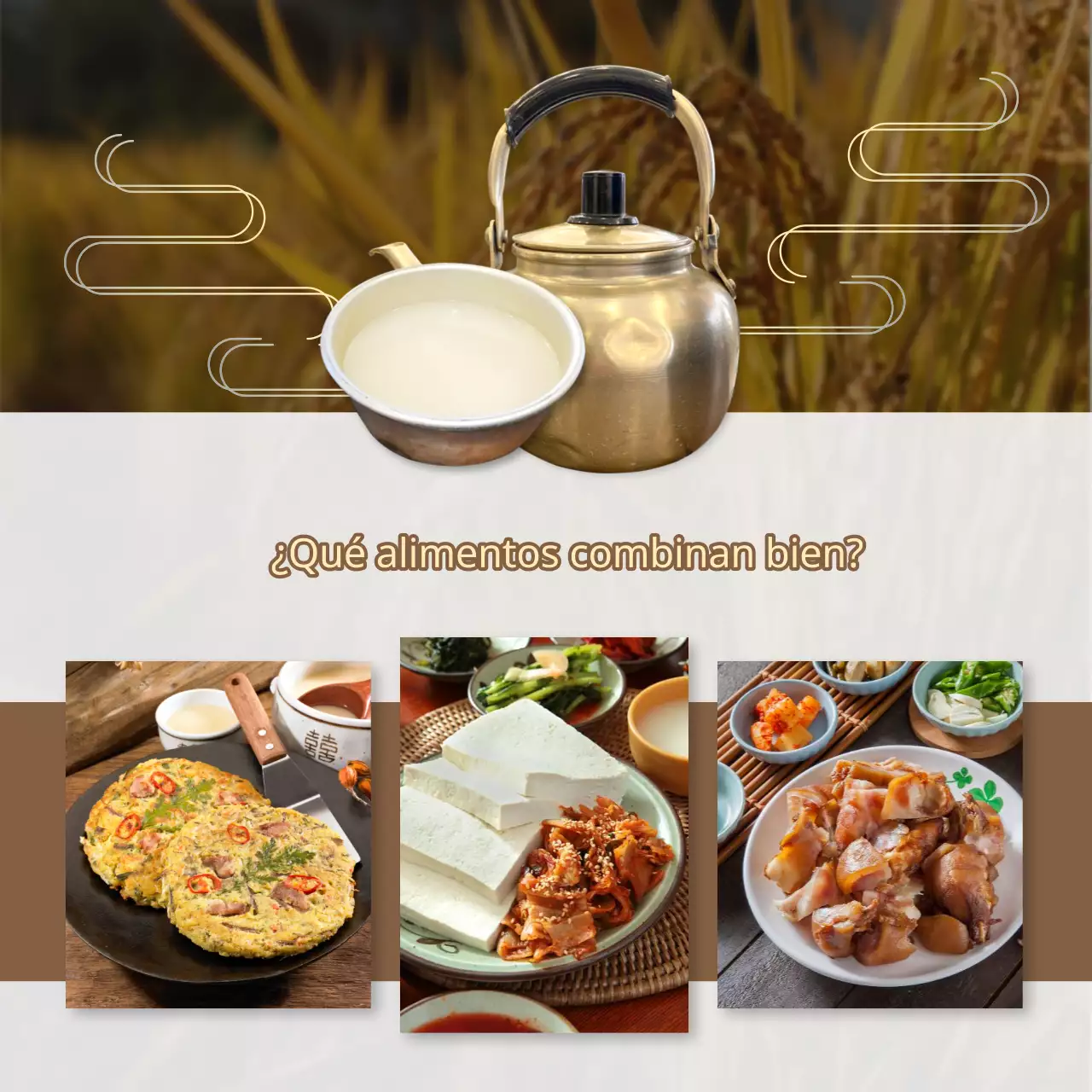 Promover el maridaje de comida oriental azul marino y amarillo con vino de arroz