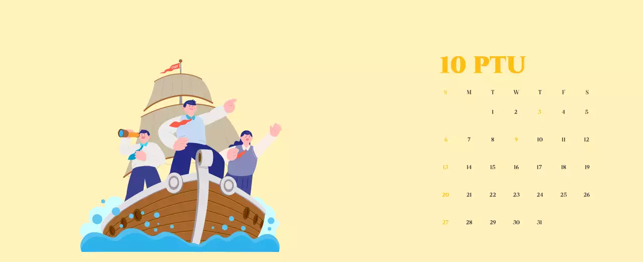 Calendario con ilustraciones juveniles sobre fondo amarillo y verde