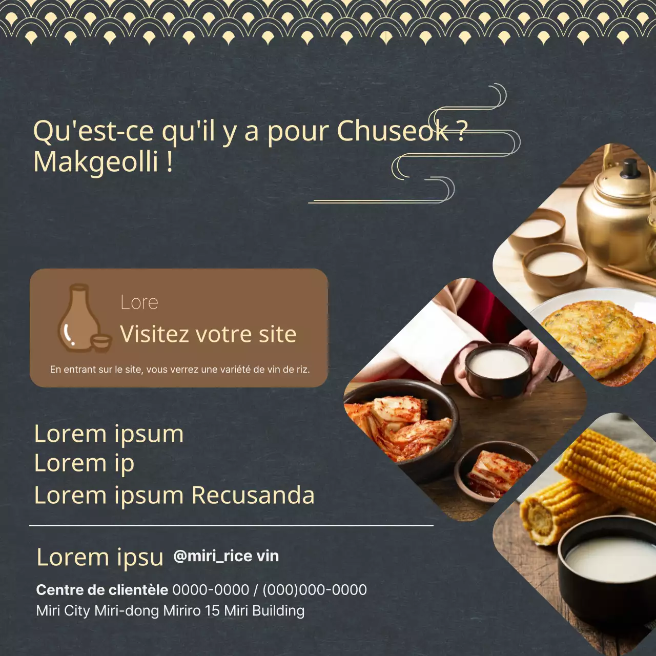 Promouvoir l'association de mets orientaux bleu marine et jaune avec du vin de riz