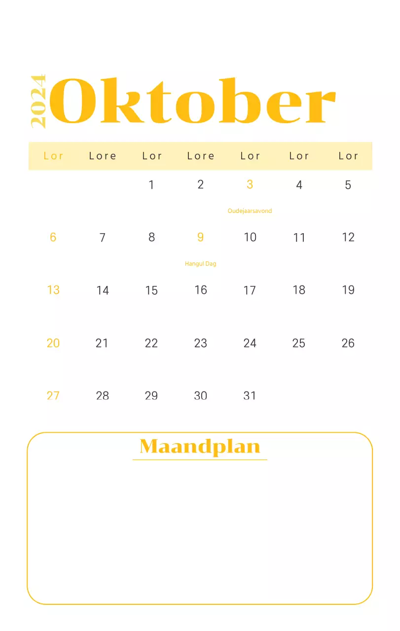 Kalender met jeugdillustraties op een gele en groene achtergrond