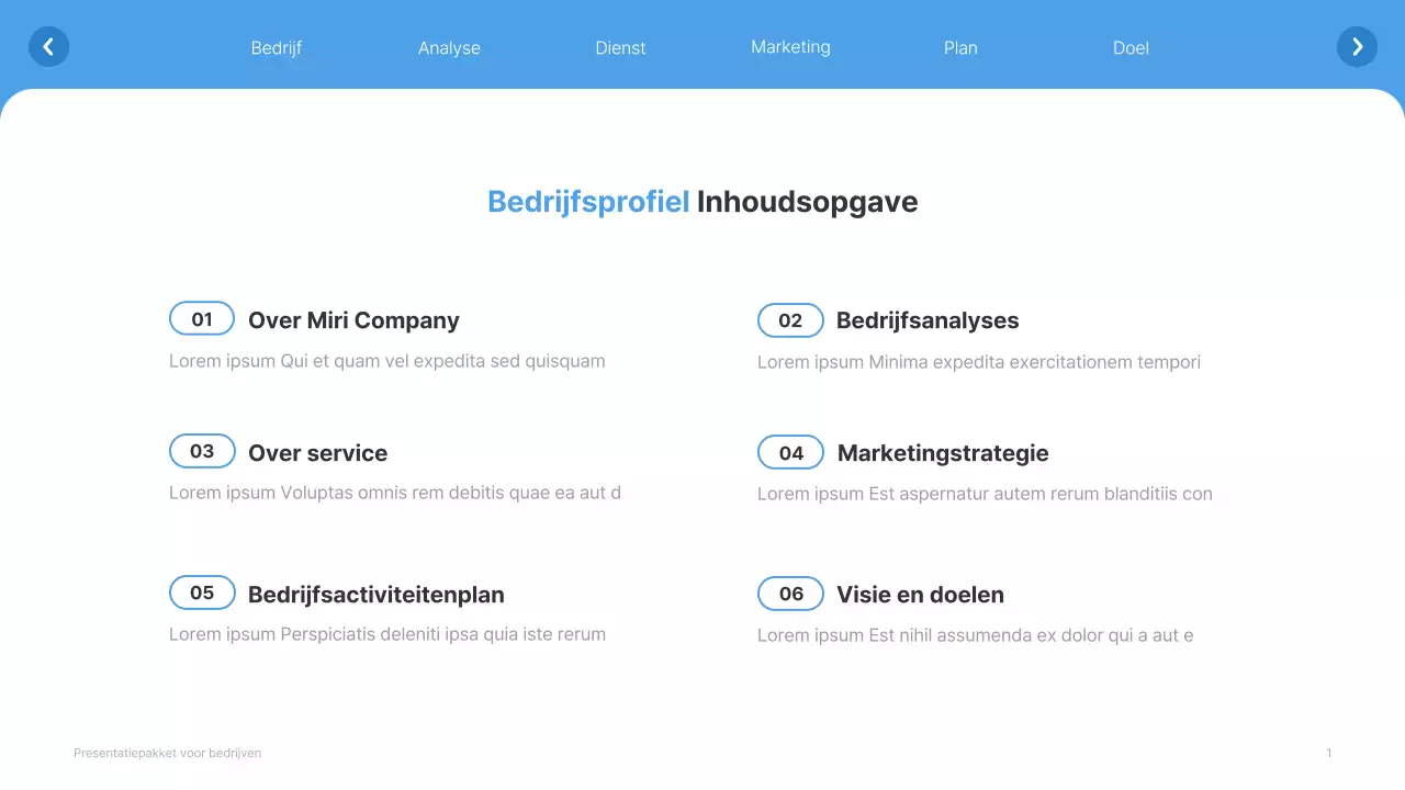 Eenvoudige witte en lichtblauwe website bedrijfsprofiel