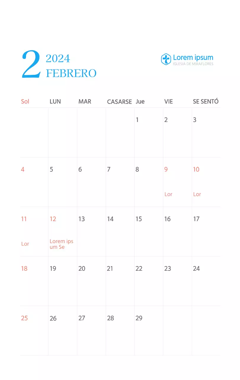 Calendario eclesiástico azul de concepto moderno