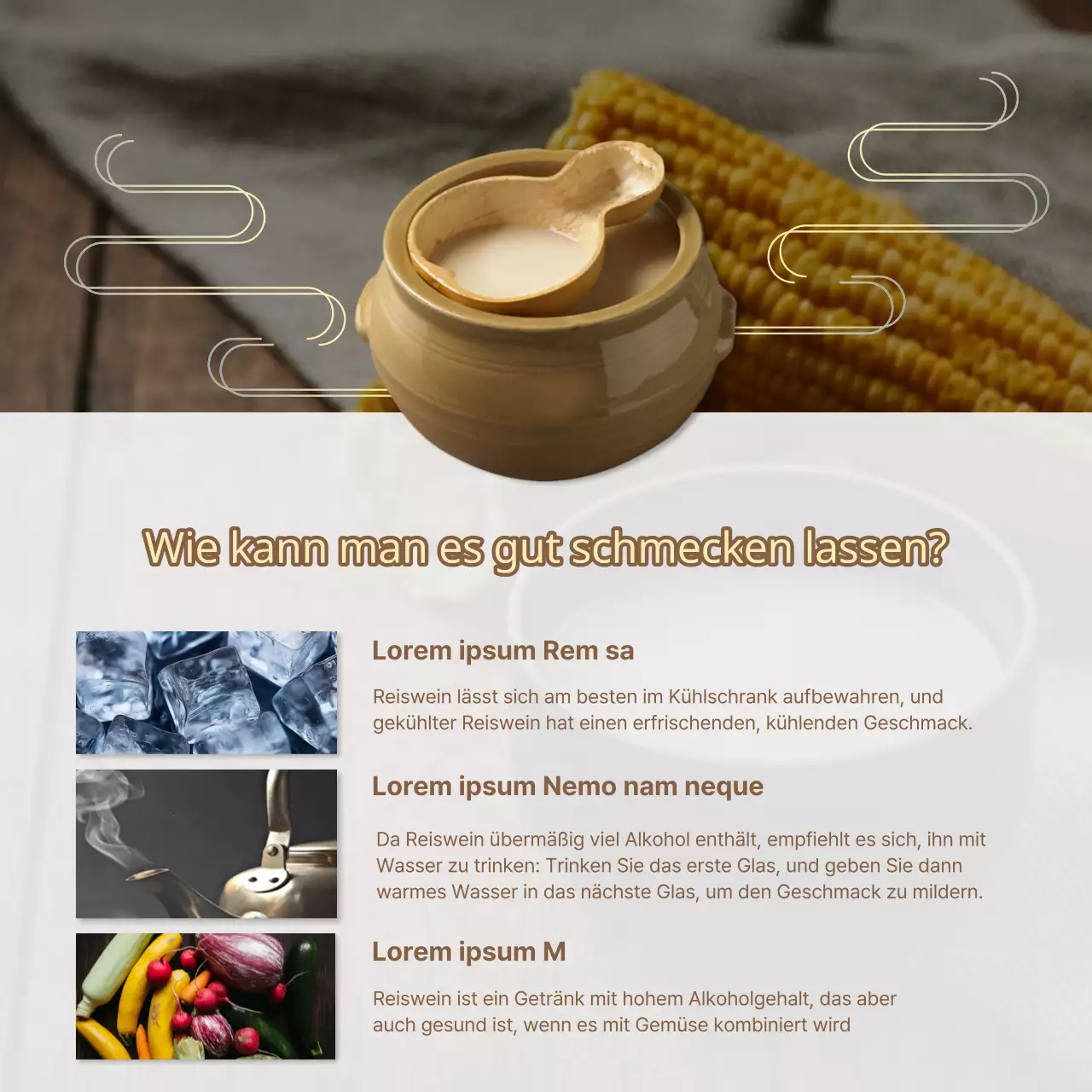 Fördern Sie die Kombination von marineblauen und gelben orientalischen Speisen mit Reiswein