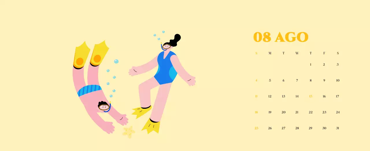 Calendario con ilustraciones juveniles sobre fondo amarillo y verde