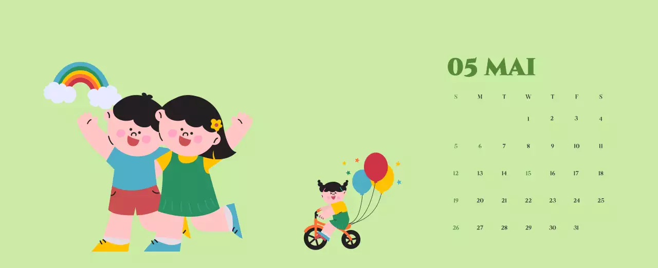 Calendrier avec illustrations de jeunes sur fond jaune et vert