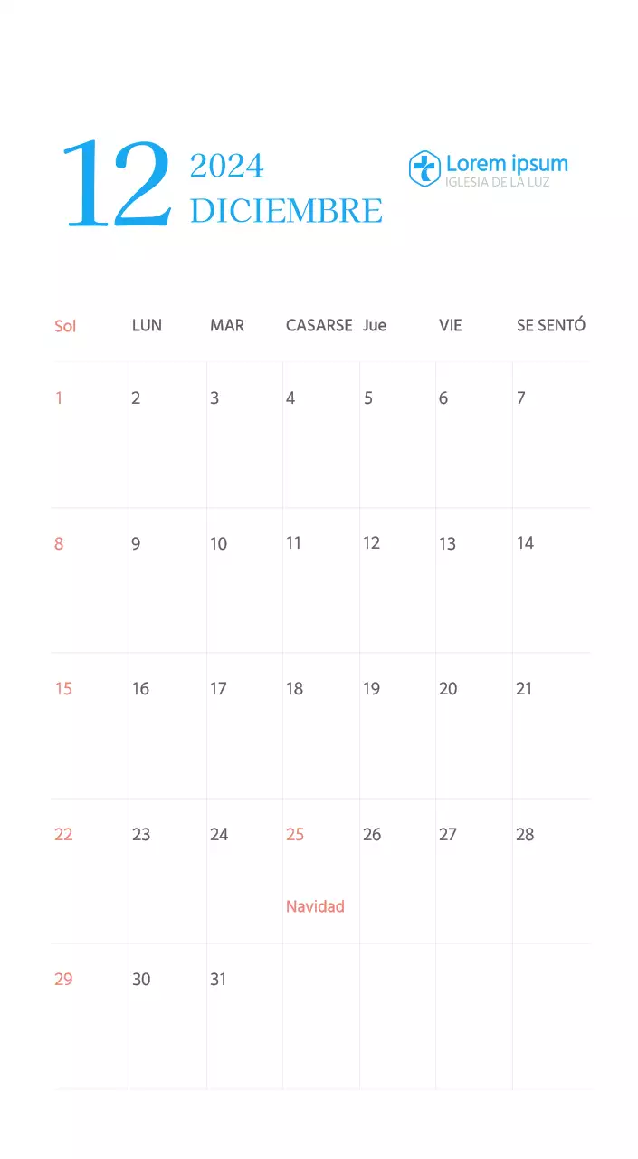 Calendario eclesiástico azul de concepto moderno