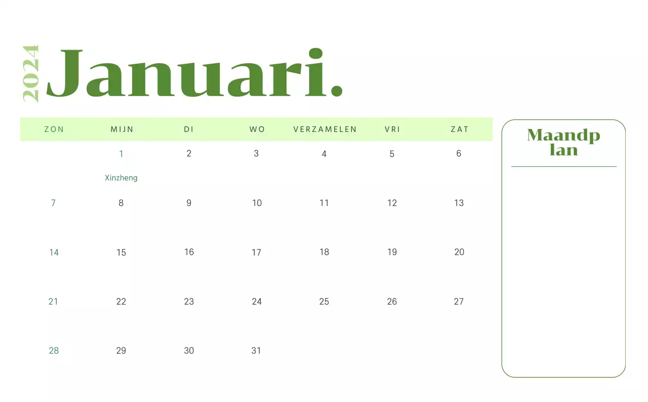 Kalender met jeugdillustraties op een gele en groene achtergrond