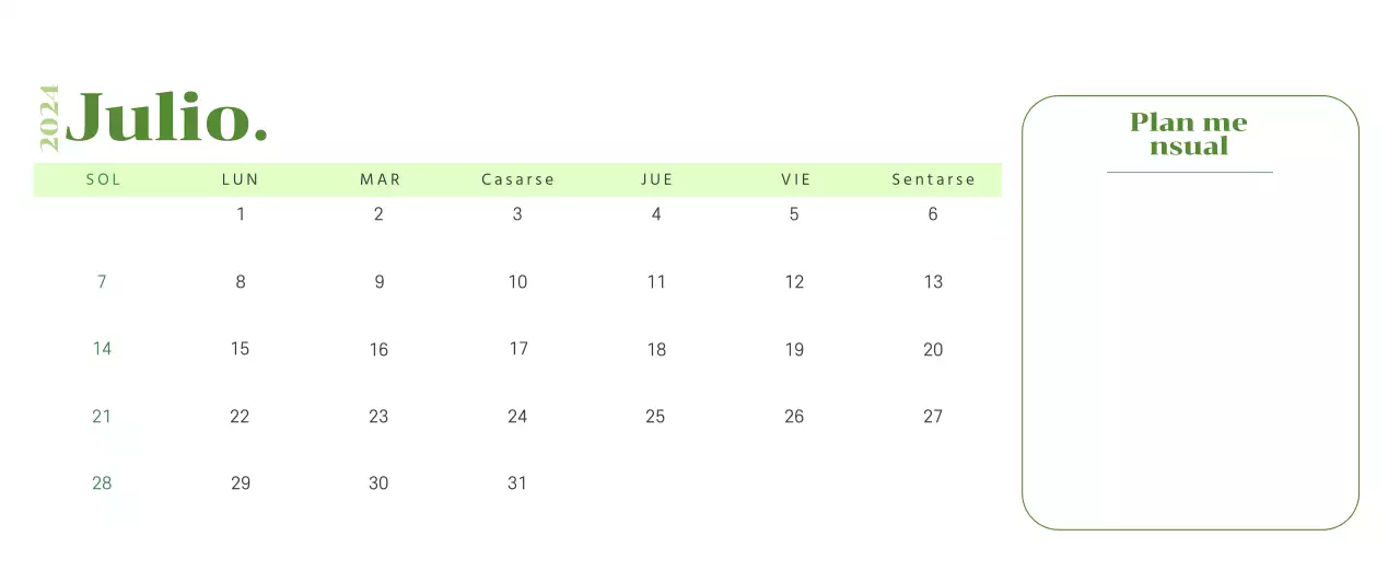 Calendario con ilustraciones juveniles sobre fondo amarillo y verde