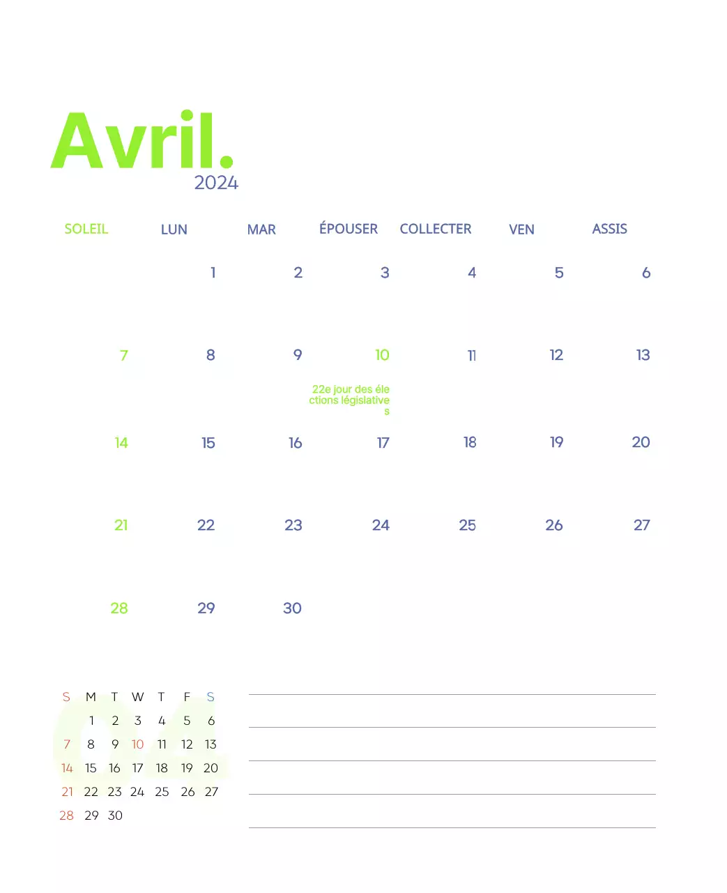 Calendrier de travail avec de belles illustrations