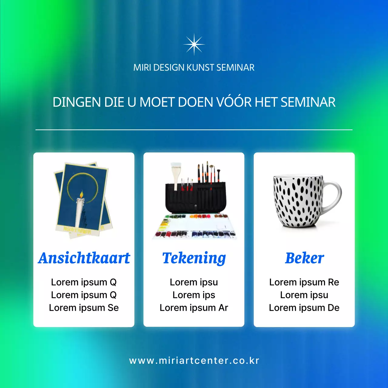 Kunstseminars in blauw en chartreuse cybernetisch promoten