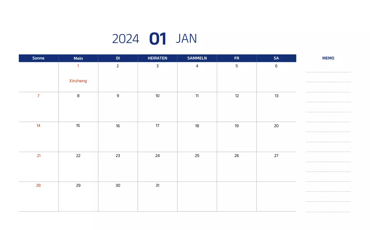 Einfacher Kalender mit klaren Illustrationen in Blau