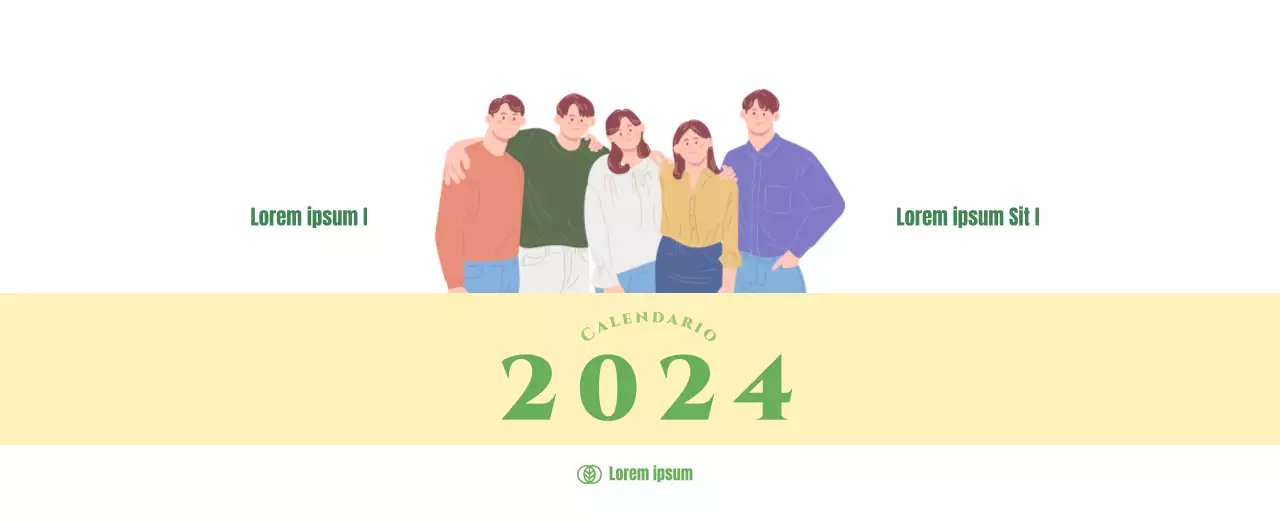 Calendario con illustrazioni giovanili su sfondo giallo e verde