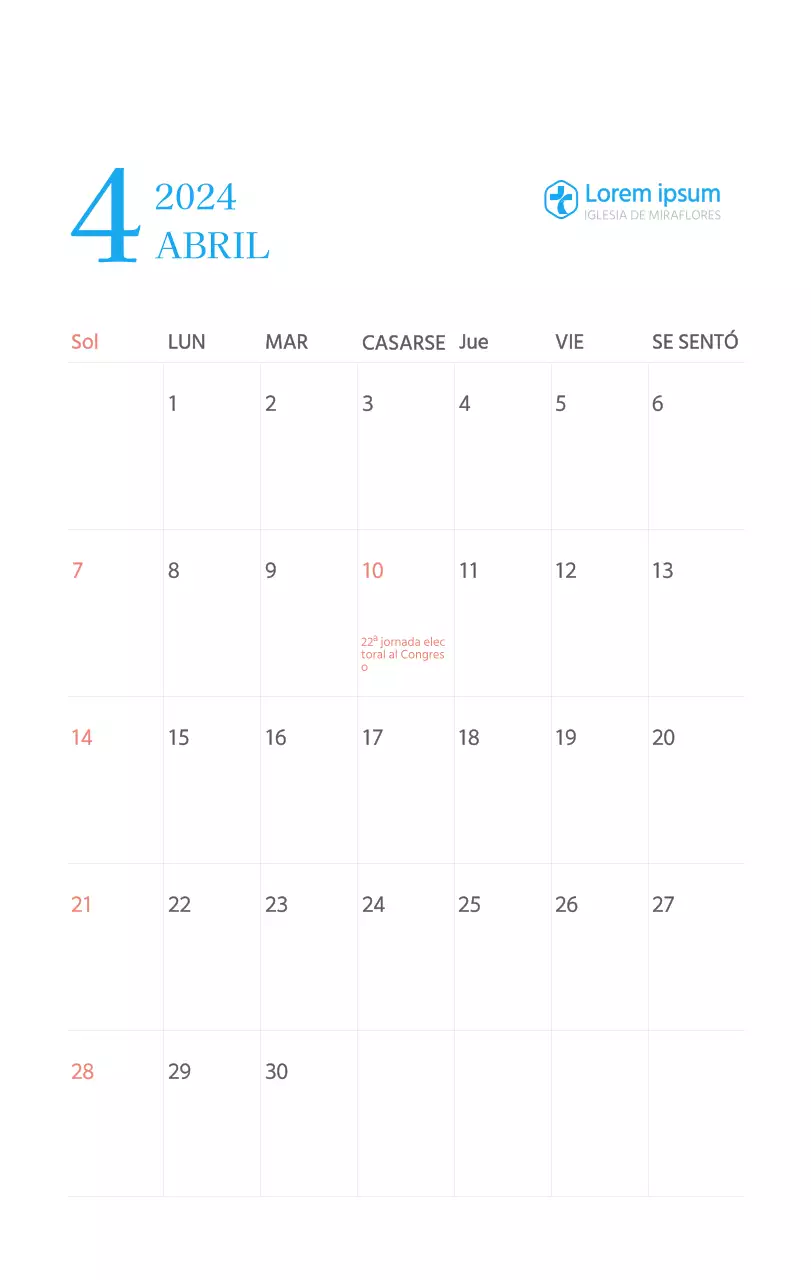 Calendario eclesiástico azul de concepto moderno