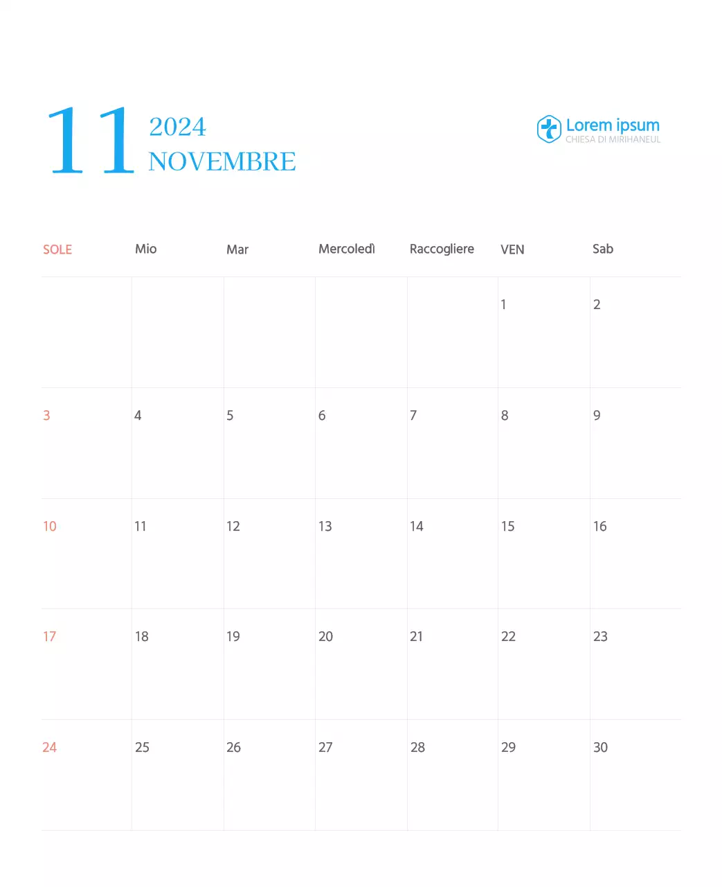 Calendario ecclesiastico blu di concezione moderna