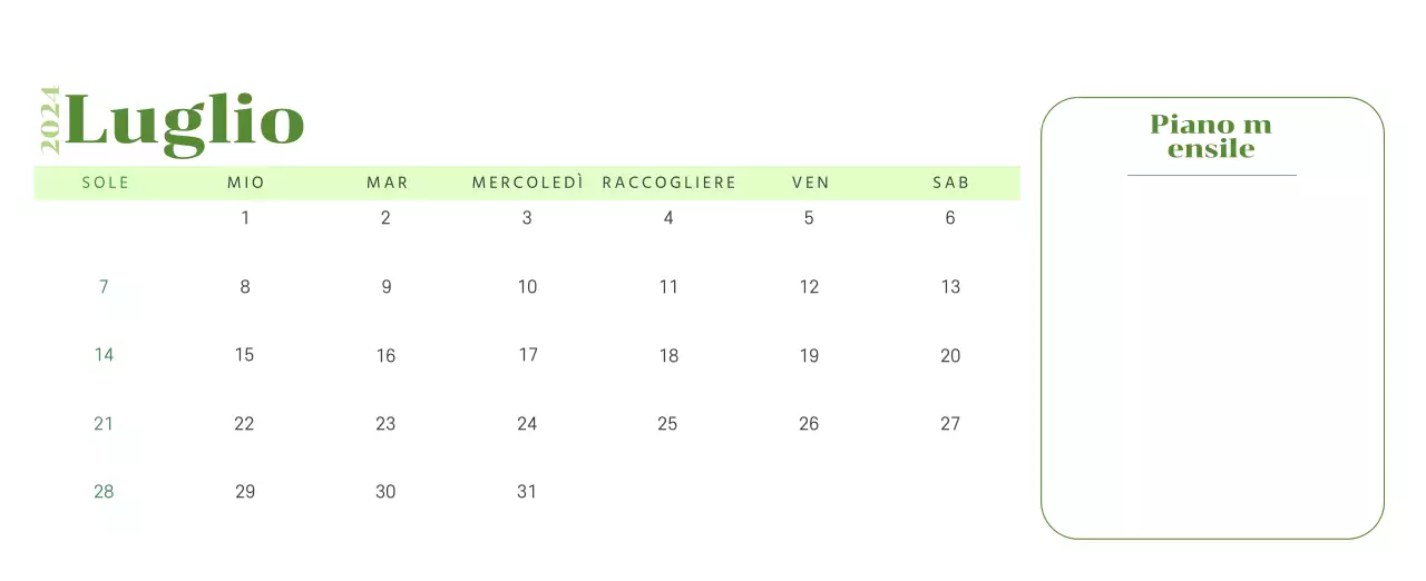 Calendario con illustrazioni giovanili su sfondo giallo e verde