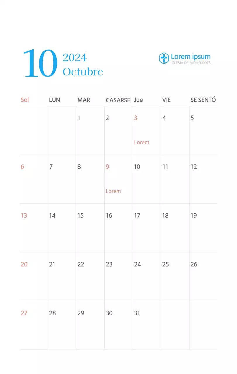 Calendario eclesiástico azul de concepto moderno