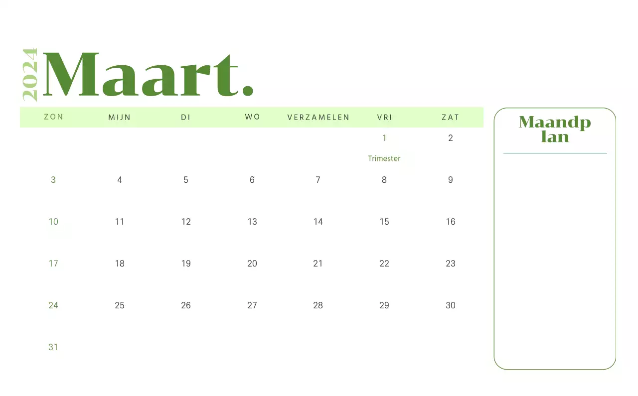 Kalender met jeugdillustraties op een gele en groene achtergrond