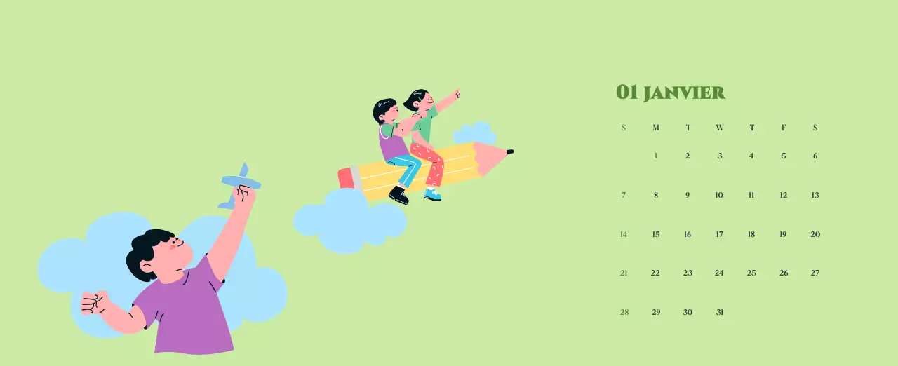 Calendrier avec illustrations de jeunes sur fond jaune et vert