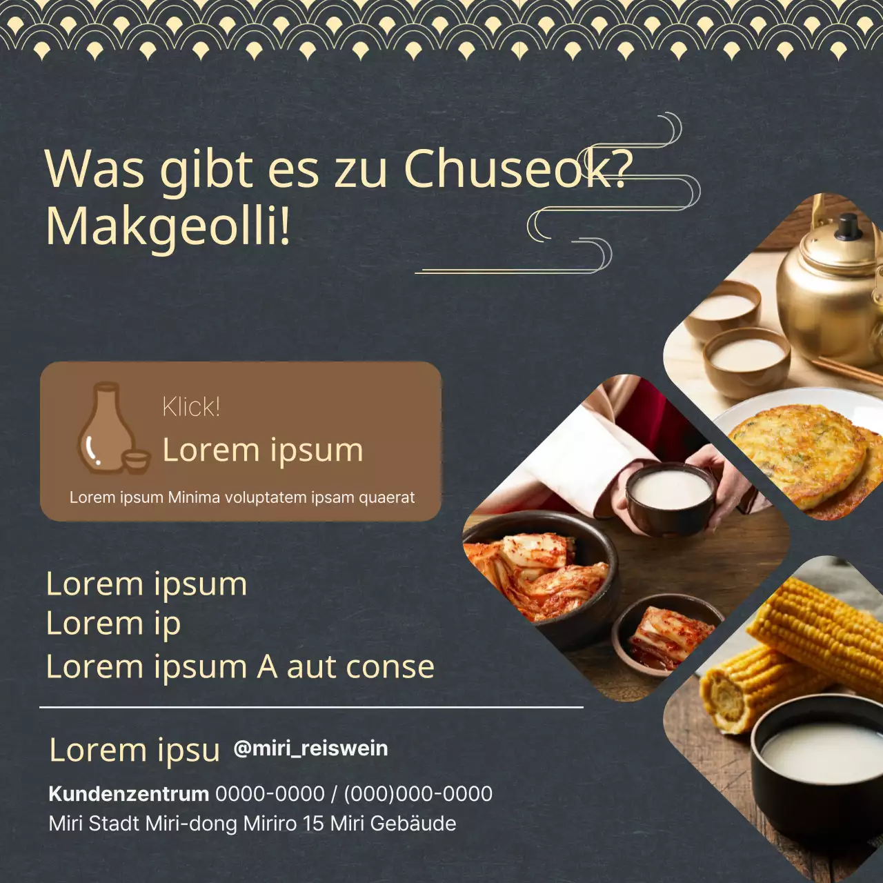 Fördern Sie die Kombination von marineblauen und gelben orientalischen Speisen mit Reiswein