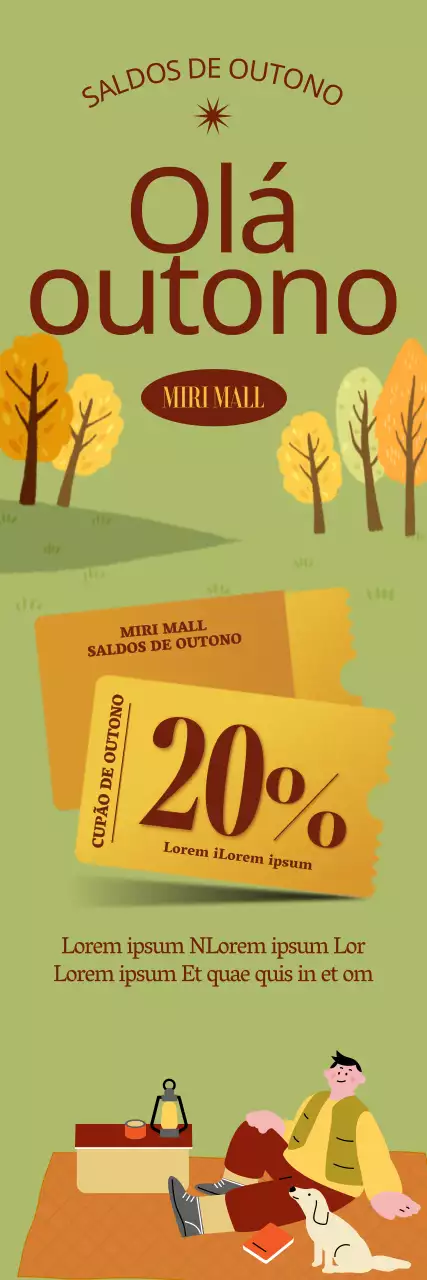 Uma ilustração de uma pessoa a fazer um piquenique num campo de outono, acentuada com ícones de cupões.
