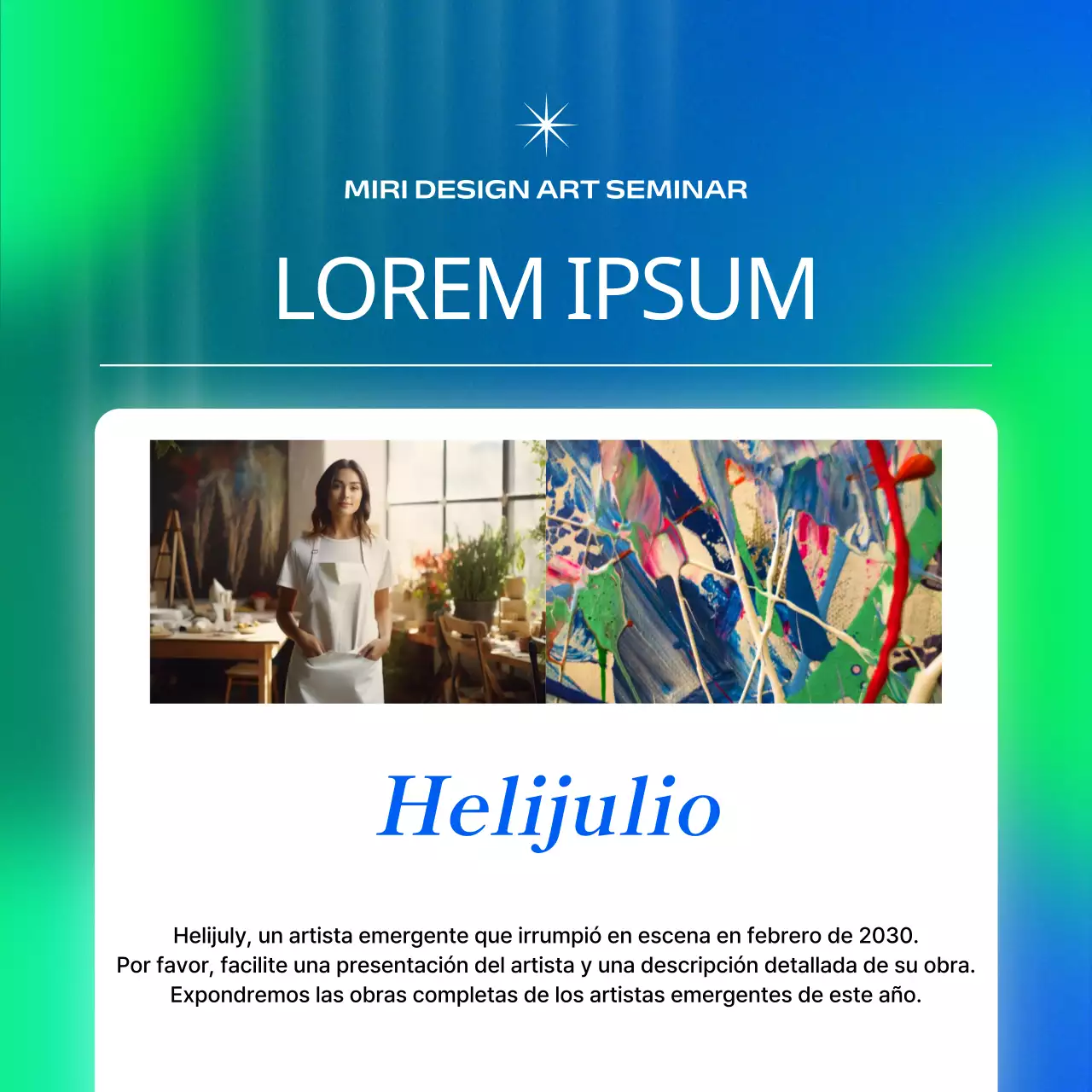 Promoción de seminarios de arte en cibernético azul y chartreuse