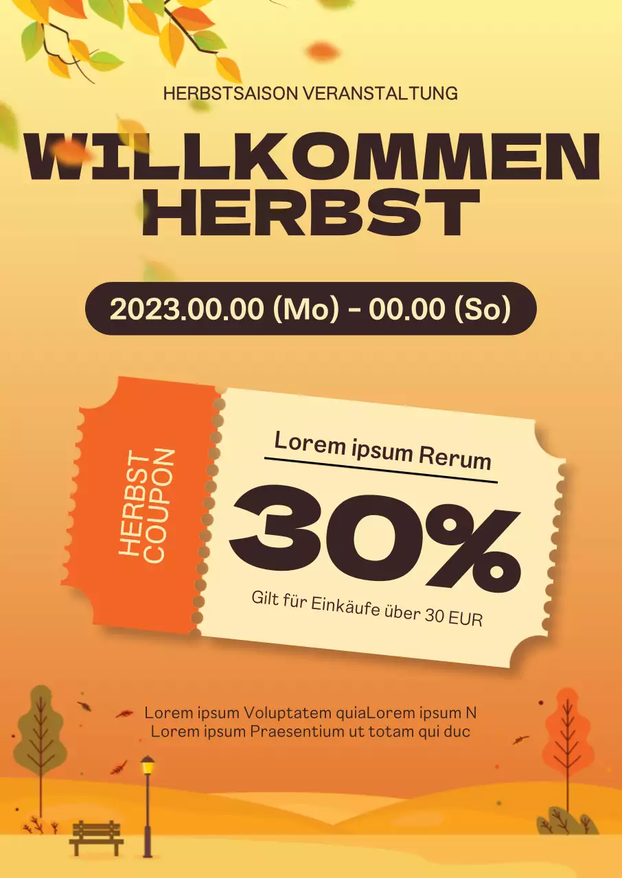 Herbstliche Einkaufsrabatte mit emotionalen Illustrationen herbstlicher Landschaften bei Sonnenuntergang und Gutscheinsymbolen.