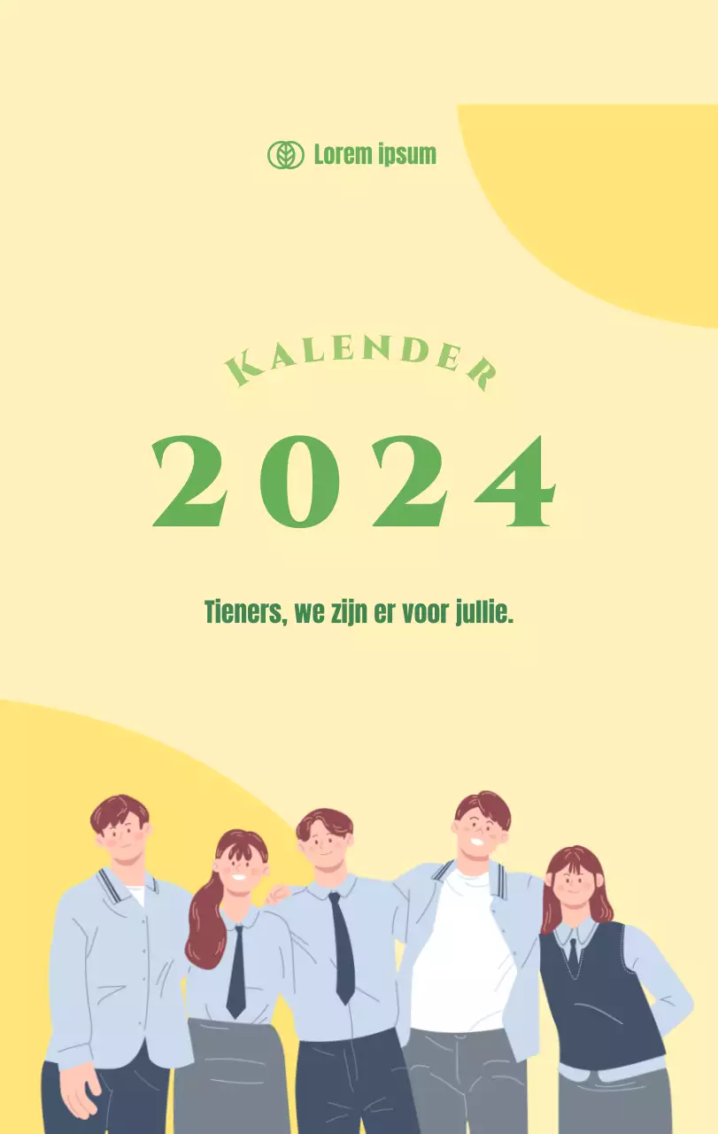 Kalender met jeugdillustraties op een gele en groene achtergrond