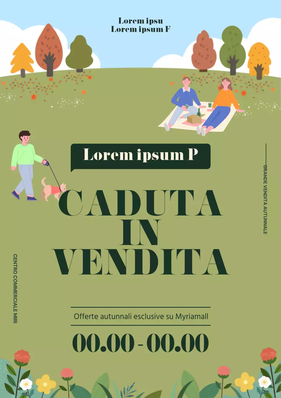 Sconti per lo shopping autunnale evidenziati da illustrazioni di persone che fanno picnic in campi di fiori autunnali.