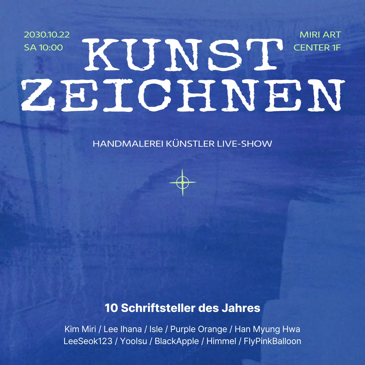 Werbung für eine moderne Kunstveranstaltung in Lila und Blau