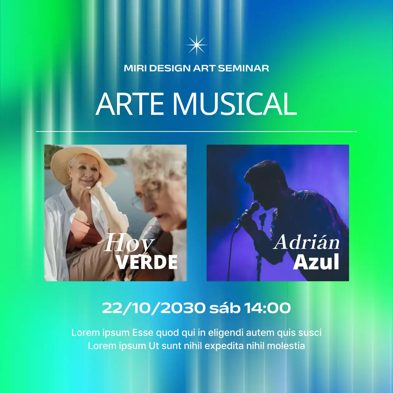 Promoción de seminarios de arte en cibernético azul y chartreuse