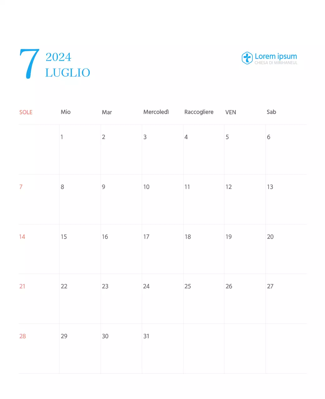 Calendario ecclesiastico blu di concezione moderna