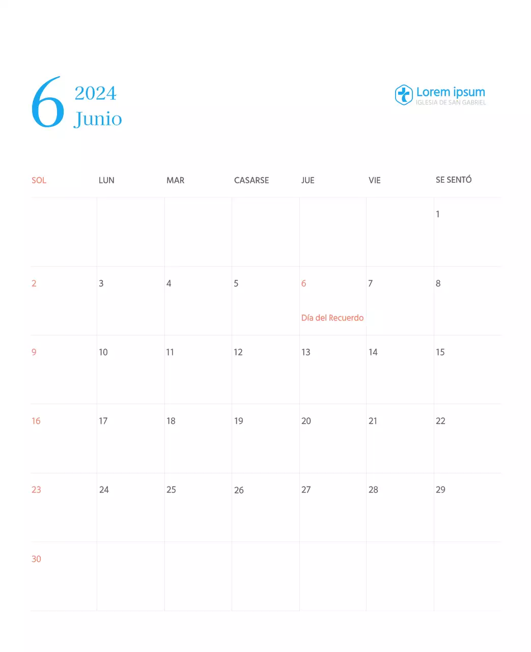Calendario eclesiástico azul de concepto moderno