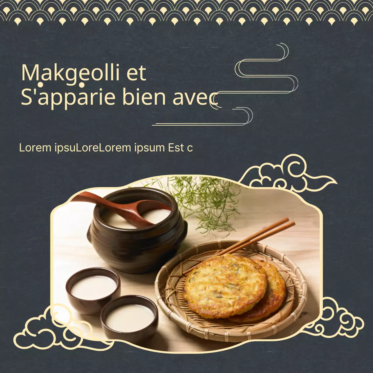 Promouvoir l'association de mets orientaux bleu marine et jaune avec du vin de riz