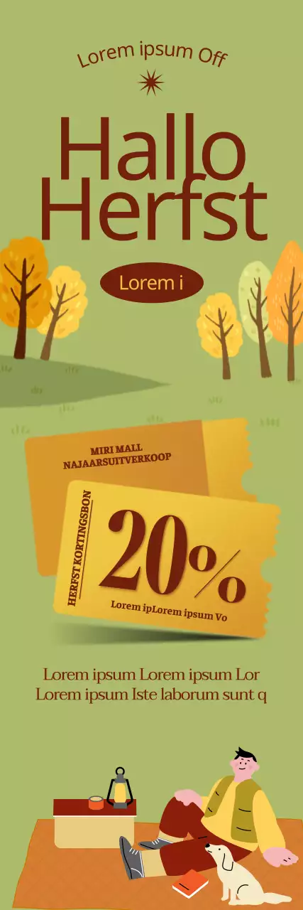 Een illustratie van een persoon die een campingpicknick houdt in een herfstveld, geaccentueerd met couponpictogrammen.
