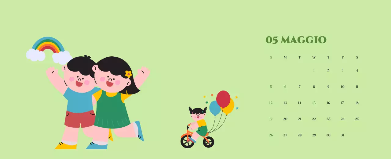 Calendario con illustrazioni giovanili su sfondo giallo e verde